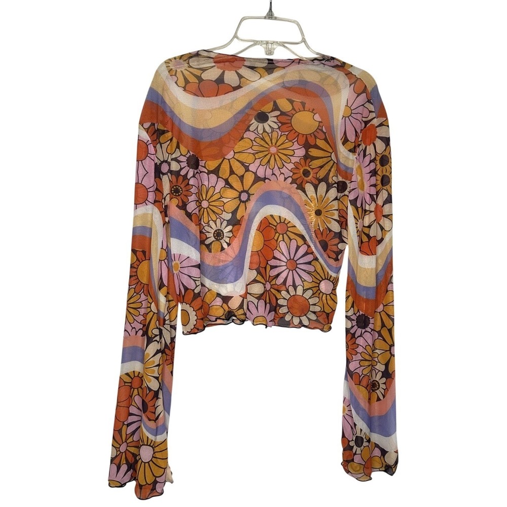 70s Sheer Bell Sleeve Top Floral psychedelic Unbranded Boho Dopamine M/L - Picture 2 of 6